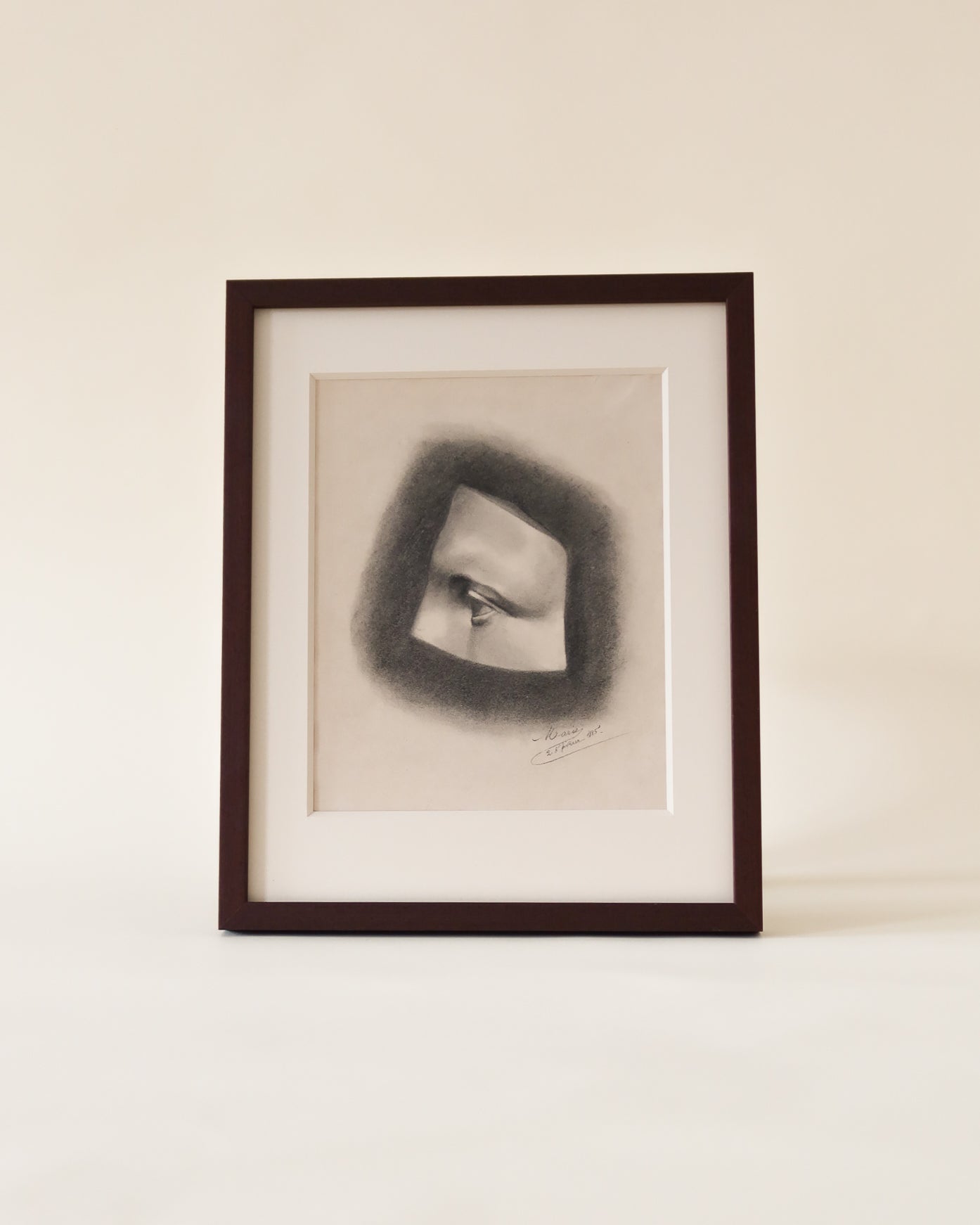 Framed Antique 1885 French Eye Study Charcoal Drawing