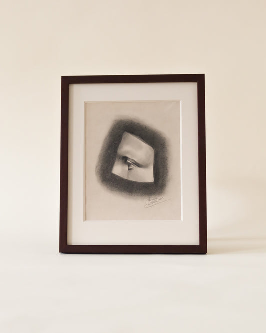 Framed Antique 1885 French Eye Study Charcoal Drawing